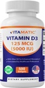 Vitamina Vitamática D3 5000 UI (125 mcg) – 500 Mini Fórmula Baseada em Óleo de Oliva – Fornecimento a frio – 500 dias – Suporta Saúde Óssea, Músculo e Imunitária – Não-GMO e Sem Glúten