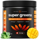 NutraChamps Super Greens Powder Premium Superalimento □ 20+ Vegetais Verdes Orgânicos Alimentos inteiros □ Erva de trigo, espirulina, chlorela □ Antioxidante, Enzima Digestiva & Misturas Probióticas (9.0 OZ, Mango)