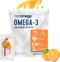 Coromega Omega 3 suplemento de óleo de peixe, 650mg de Omega-3s com 3X melhor absorção do que Softgels, sabor laranja, 120 pacotes de squeeze de serviço único