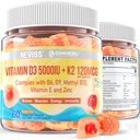 Vitamina D3 5000UI + K2 (MK-7) 120mcg, Vitamina sem açúcar D3 K2 chicletes preenchidos com complexo de vitamina B - Metil B12, B9, B6 ; Vitamina E & Zinco, MCT Oil - Suporta força óssea e dentes, Imune, 2 PACK