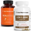 Real Cogumelos RealBoost (60ct) e Leões Mane (120ct) Cápsulas Bundle - Mushroom Suplemento para Energia, Vitalidade & Cognição - Energia & Vitaminas Cerebrais w/Cordyceps, Ginseng, Guayusa - Vegan, Non-GMO