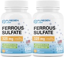 Puregen Labs Sulfato Ferroso 325 mg (65 mg de ferro elementar) Suplemento de ferro de alta potência - Total de 400 comprimidos fabricados nos EUA