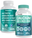 Cálcio D3 K2 B12 (1pk) e suporte de fígado (1pk) Pacote Suplemento - Vitaminas potentes para osso, coração, função hepática, e suporte imunológico - Não-GMO, Vegan, Sem glúten