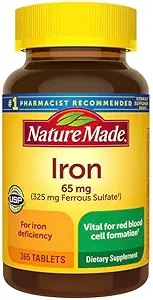 Nature Made Iron 65 mg 365 Comprimidos (325 mg Sulfato Ferroso), Suplemento dietético para suporte de células sanguíneas vermelhas, 365 Comprimidos, 365 Dia de Fornecimento- Conjunto com Guia de Suprimentos nalkot