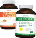 Economize $11 (23% Off) - Equilíbrio de evisceração - Complexo de evisceração com ácido caprílico para saúde de evisceração balanceada e suporte probiótico (120 Cápsulas) e Turmeric & Ginger com 95% Curcuminoides e Bioperine (90 Cápsulas)