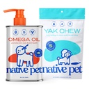 Óleo de Ômega de estimação nativo para cães - Suplementos de óleo de peixe 8 Oz & 5 Pequeno Yak Chews para cães