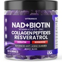NAD+, Resveratrol, Berberine, & Biotin Anti-Aging Gummy - Cabelo, Pele, unhas e Suplemento Conjunto - Colágeno Peptídeos, Queratina, Zinco, Vitamina K2 & D3 Gummies - Regeneração- Não-GMO - Made in USA 60 Count