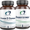Designs para a saúde Vitamina D Supreme + Digestzymes Pacote de enzimas digestivas - Vitamina D3 5000 UI com 2000mcg Vitamina + Suporte de digestão Enzimas com Betaine HCl - 2 Produtos