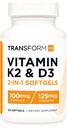 TransformHQ Vitamina K2 (MK7) (100mcg) + Vitamina D3 (5000 UI) 120 Softgels - Gluten Free e Non-GMO