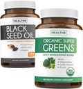 Óleo de semente preta & Super Verdes orgânicos (3-fornecimento de mês) Sementes & Sprout Pacote de óleo de semente preta (180 cápsulas) Gelado Nigella Sativa & Orgânico Super Verdes Pó (180 comprimidos) Superalimento completo