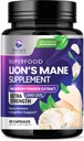 Lions Mane Mushroom Cápsulas 10.000mg - Lion’s Mane Suplemento Cápsulas para apoio de memória e foco, Cérebro, Apoio à saúde imune, Vegan, Engarrafado nos EUA, Extrato de pó de cogumelos Leões Mane, 60 contagem