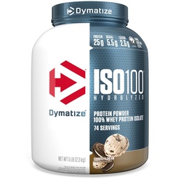 Dymatize ISO100 Whey Protein Powder Isolate, Cookies & Creme, 25g de proteína, 5 libras, 5,5g BCAAs, Menos de 120 Cal., Gluten Free, 1g de gordura, 1g de açúcar, 2g de carboidratos (74 Servings)