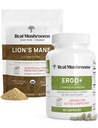 Cogumelos reais Ergothioneine (60ct) e Mane Pó Orgânico Leão (60 Servings) Pacote com Shiitake e Oyster Mushroom Extracts - Longevidade e Cognição - Vegan, Gluten Free, Não-GMO
