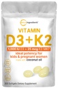 Micro Ingredientes Vitamina D3 1,000 UI + K2 MK-7 25 mcg, 300 Softgels ; Óleo de coco virgem ; 2-em-1 Osso, Imune e Suporte de Coração ; Fácil de engolir, Não-GMO