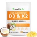 Suplemento de vitamina D3 K2 Softgels, 10000 UI de VIT D3 + 200 MCG K2 (MK-7) Fórmula de reposição 2-em-1 com óleo de coco, Suporta em Absorção de Cálcio, Fácil de Engolir 120 Cápsulas.