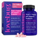 Lovebug Levedura e Probióticos Vaginais para Mulheres pH equilíbrio & trato urinário, 50 bilhões UFC, ITU, BV, Odor Suporte com Lactobacillus, Bifidobacterium, Digestive & Vaginal Health Supplement 60 Cápsulas