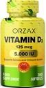 ORZAX Vitamina D3 5000 iu (125 mcg) – Não-GMO, sem glúten, sem açúcar, sem leite – 1 ano de fornecimento para forte função muscular e apoio imunológico – Suplemento de humor para bem-estar (360 Softgel)