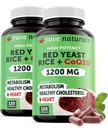 Red Yeast Rice 1200 mg Cápsulas com CoQ10 - Manter os níveis de colesterol saudável, Saúde do coração de ervas Vegan Red Yeast Rice Supplement - Red Rice Yeast com CoQ10 para mulheres e homens - 120 Ct (2-Pack)