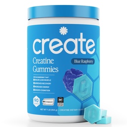 Criar Creatina Mono-hidratada Gummies para homens e mulheres, Foco de aumento, Força e Endurance, Fórmula Anti-Melting, Vegan, Sem glúten, Não-GMO, 1.5g de Creatina por Gummy (framboesa Azul, 90 ct)
