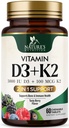 Suplemento de vitamina D3 K2 . 5000 UI D3 + K2 100 mcg .. MK-7 K2 com vitamina D .. Suporta Imune, Coração, Dentes e Saúde Óssea - A natureza é fácil de mastigar, VIT D3 K2, Não-GMO, Saboroso sabor Berry - 60 comprimidos