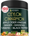 6in1 Premium Ceilão Canela Suplemento Plus Apple Cider Vinagre, Açafrão, Ginger, Ginseng - Gestão de Peso, Digestão - 100 Cápsulas Vegan