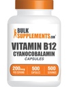BulkSuplementos.com Cápsulas Vitamina B12 - como Cyanocobalamina, Suplemento Vitamina B, Vitamina B12 200 mcg - Vitaminas Energéticas, Glúten Grátis, 1 Cápsula por Serviço, 500 Cápsulas (Pacote de 1)