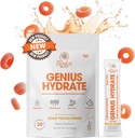 O Genius marca Genius Hidrate - Suplemento Eletrolítico para Hidratação Diária - Água de coco - Livre de Açúcar - 8 Minerais essenciais & Nutrientes - Não-GMO - Anéis de pêssego azedo - 20 Servings