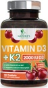 Vitamina D3 K2 2000 UI Plus com K2 (MK-7) 75 mcg - Vitaminas D & K Suplemento Complexo para Osso, Dentes, Músculo, Absorção de Cálcio, Suporta Imune & Saúde do Coração, Fórmula não-GMO Mastigável - 180 Comprimidos