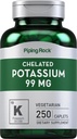 Piping Rock Chelated Potássio Suplemento 99mg , 250 Caplets , Gluconato de potássio , Vegetarian, Non-GMO, Gluten Free