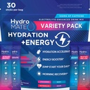 HydroMATE Eletrólitos Powder Drink Mix Packets Hydration Accelerator Low Sugar Party Favores para Recuperação Rápida Vitamina C Plus Caffeine Variety Pack - 30 Count