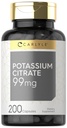 Carlyle Potássio Citrato Suplemento 99mg 200 Cápsulas Não-GMO e Glúten Grátis