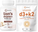 Micro Ingredientes Vitamina D3 5.000iu + K2 100mcg Softgels & Lions Mane Suplemento 240 Cápsulas Veggie Bundle 2 Pack O essencial de Vitaminas Sunshine