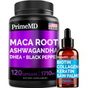 4-em-1 líquido biotina Colágeno queratina serra Palmatto gotas (2 fl oz - 1 pacote) e 6-em-1 Maca raiz Ashwagandha w Black Pepper Fruit (120ct) pacote - cabelo, pele, unhas, energia e Mood suporte Suplemento