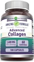 Fórmulas surpreendentes Suplemento de Colágeno Avançado □ Colágeno Tipo I, II & III, com Vitamina C & Ácido Hialurónico □ 1600 Mg Por Serviço □ 180 Cápsulas □ Não-GMO □ Gluten-Free □ Made in USA