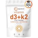 Micro Ingredientes Vitamina D3 5.000 UI + K2 MK-7 100 mcg, 300 Softgels □ 2-em-1 Vitaminas D & K Complexo □ Força extra, Fácil de engolir, Não-GMO, Sem glúten