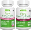 Super B12-Complexo 1000mcg + Folato puro 400mcg Pacote Vegan, Vitamina B12 Sublingual de alta absorção com metilcobalamina, Adenosilcobalamina e Hidroxocobalamina + L-Metilfolato otimizado, por Igennus