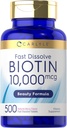 Carlyle Biotin 10,000mcg 500 comprimidos de dissolução rápida para cabelos, pele e unhas .. Força máxima .. Vegetariano, não-GMO, Suplemento sem glúten
