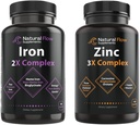 Complexo Suplemento Zinco com Cobre e Vitamina C - Fluxo Natural 3X Zinco Carnosina e Ferro Suplemento 2-em-1 Complexo Completo - Fluxo Natural 2X Heme e Quelated não Heme Bisglicinato de Ferro