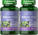 Puritan's Pride Premium Bilberry Fruit Extract 250 mg (1000 mg equivalente), 4:1 concentrado tradicional suplemento de ervas, vitamina C, 3 a 6 meses de fornecimento, 180 rápida liberação Softgels 2-Pack