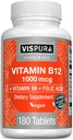 VISPURA Vitamina B12 1000 mcg Metilcobalamina + ácido B6/Fólico, 180 comprimidos Vegan, Melhor Suplemento para aumentar a energia, Melhor humor, Sharpen Focus*, Suplemento orgânico