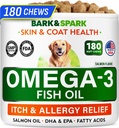 BARK & SPARK Omega 3 para cães - 180 Fish Oil Treats para Dog Shedding, Alergia da pele, Itch Relief, Hot Spots Tratamento - Saúde comum - Pele e casaco Suplemento - EPA & DHA ácidos gordos - óleo de salmão