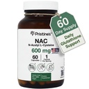 PRISTINE'S N-Acetil L-Cysteine (NAC) 600MG 60 dias Suplemento Cápsulas - Glutationa & Fígado Detox Suporte - Potent Antioxidant - Vegan, Gluten Free, Garrafa de vidro não OGM