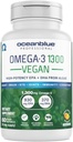 Oceanblue Profissional Vegan Omega 3 1300-60 Contagem - Planta Based Fish Oil Alternative, Alta potência Vegan DHA EPA Suplemento de óleo de algas - Não-GMO, 30 Servings