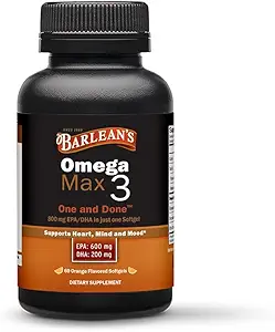 Barlean's Ideal Omega Max 3 Fish Oil Supplements, 1000 mg Softgels, EPA e DHA Fatty Acid Pills para homens e mulheres, sabor laranja, 60 Conde