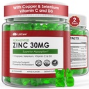 Gummies de zinco + cobre, Selênio, Vitamina C & D3, Suplementos de zinco fermentados para mulheres e homens com Elderberry para suporte imunológico diário, Antioxidante poderoso, Alta absorção, Vegan, Açúcar grátis, 2 Pack