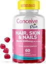 CÉU PLUS Pele de cabelo & unhas Gummies - Biotina de força extra, VIT A, C, D3, E Vitaminas - Vegan, Suplemento de crescimento de cabelo - Gelatina - 60 Contagem