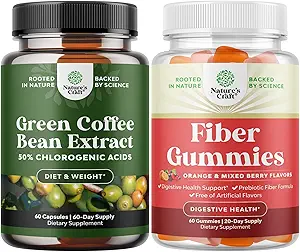 Pacote de Puro Verde Extrato de Feijão de Café com Ácido Clorogênico 50% para Antioxidante Coração Saúde Concentração Mental e Gummies de Fibra Saboroso com Prebiótico Solúvel raiz de Chicory para Imunidade Suporte Digestivo