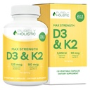 Puramente Holistic Vitamina D3 125mcg e Vitamina K2 90mcg MK7-4 Mês Fornecimento 150 Cápsulas Vegetarianas - Vitamina D3 & K2 Menaqunione - Alta Força Colecalciferol Made in the USA