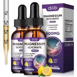Suplemento de glicinato de magnésio, gotas líquidas de magnésio com glicinato de magnésio 500mg Vitamina B6, Ashwagandha, L - Theanina, Camomila - Suporta alívio de estresse, osso, músculo, humor Vegan (Pack de 2)