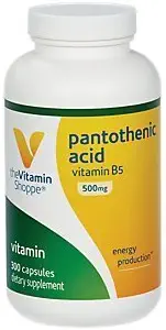 O ácido pantoténico Vitamina Shoppe 500MG, com vitamina B5, suporta a produção de energia e cabelo, pele, unhas, uma vez por dia (300 cápsulas)